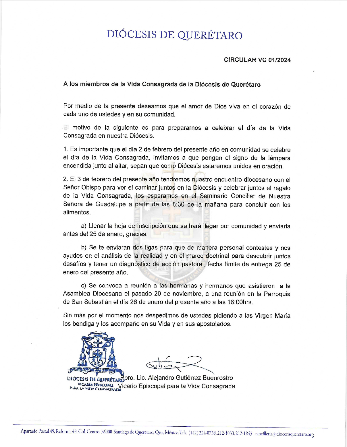 Circular N. 02/2024. Prot. N. 13/2024. Asunto: Jornada Diocesana de la Vida Consagrada. 2